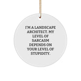 Funny Landscape Architect Gifts, I'm A Landscape Architect. My Level Of Sarcasm Depends On Your Level Of Stupidity., Christmas Circle Ornament, Gifts from Friends, Gifts for Landscape Architects - Image 1