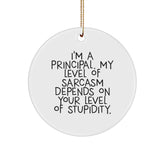 Christmas Unique Gifts from Men for Principals - Funny Principal Gifts - Sarcastic 'I'm A Principal. My Level Of Sarcasm Depends On Your Level Of Stupidity.' Circle Ornament - Image 1