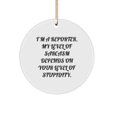 Funny Reporter Gifts for Men, Women, Friends, Coworkers, or Family - I'm A Reporter. My Level Of Sarcasm Depends On Your Level Of Stupidity. Circle Ornament for Christmas - Image 1