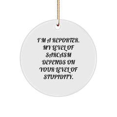 Funny Reporter Gifts for Men, Women, Friends, Coworkers, or Family - I'm A Reporter. My Level Of Sarcasm Depends On Your Level Of Stupidity. Circle Ornament for Christmas - Image 1