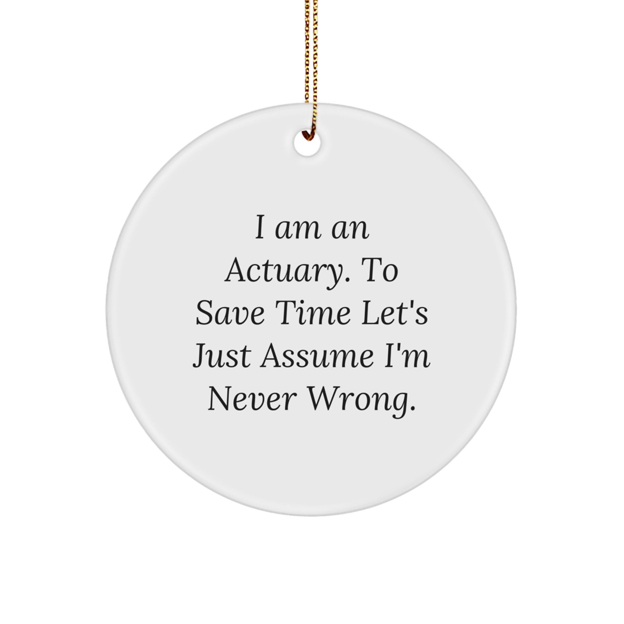 Funny Actuary Gifts for Men - I Am An Actuary. To Save Time Let's Just Assume I'm Never Wrong. Circle Ornament, White, 2.75" Tall, Christmas Unique Gifts from Friends - Image 1