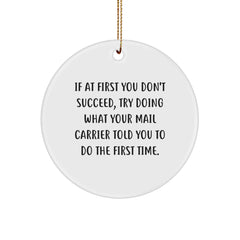 Funny Mail Carrier Gifts for Christmas - 'If At First You Don't Succeed, Try Doing What Your Mail Carrier Told You To Do The First Time.' Circle Ornament from Gifts for Mail Carrier - Image 1