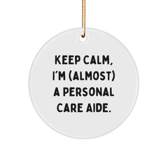 Funny Personal Care Aide Gifts from Friends, Christmas Circle Ornament 'Keep Calm, I'm (almost) A Personal Care Aide.' for Men, Women, Family - Image 1