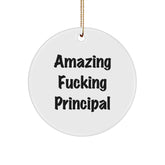 Funny Principal Gifts, Circle Ornament with 'Amazing F--king Principal' Quote, Christmas Memorable Presents for Family, Friends, or Coworkers, Durable MDF Circle Ornament with Gold Cord - Image 1