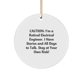 Funny Electrical Engineer Gift: 'Caution' Circle Ornament for Men, Women, Friends, Coworkers, Family - White, 2.75″ tall, 0.5 oz, Durable MDF, Sublimation Print, Festive Gold Cord - Image 1