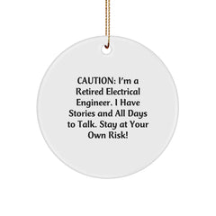 Funny Electrical Engineer Gift: 'Caution' Circle Ornament for Men, Women, Friends, Coworkers, Family - White, 2.75″ tall, 0.5 oz, Durable MDF, Sublimation Print, Festive Gold Cord - Image 1