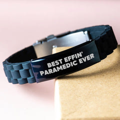 Funny Rescue Worker Gifts for Men - Best Effin' Rescue Worker Ever Glide lock Clasp Bracelet, Adjustable Silver Black Stainless Steel Silicone, Graduation Unique Gifts from Men to Rescue Worker - Image 3