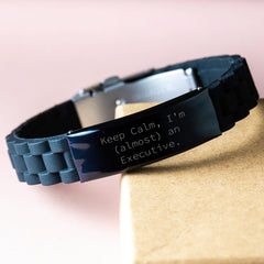 Funny Executive Gift, 'Keep Calm, I'm (almost) An Executive.' Glide lock Clasp Black Stainless Steel Silicone Adjustable Birthday Presents from Friends to Executive - Image 3