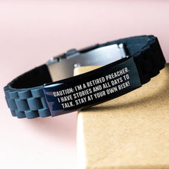 Funny Preacher Gifts - 'Caution: I'm A Retired Preacher...' Glide lock Clasp Bracelet for Birthday, from Friends - Image 3