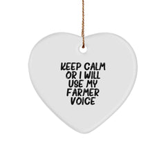 Funny Gifts from Friends and Family to a Lovable Farmer, Heart Ornament Keep Calm Or I Will Use My Farmer Voice, Christmas Unique Gifts for Farmers - Image 1