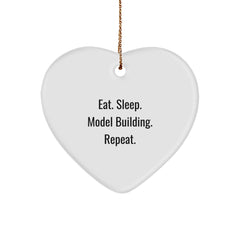 Model Building Heart Ornament Gifts from Friends to Family, Eat. Sleep. Model Building. Repeat. - White Heart Shaped, Durable MDF, High-Gloss Finish, Sublimation Printing - Christmas Unique Gifts - Image 1