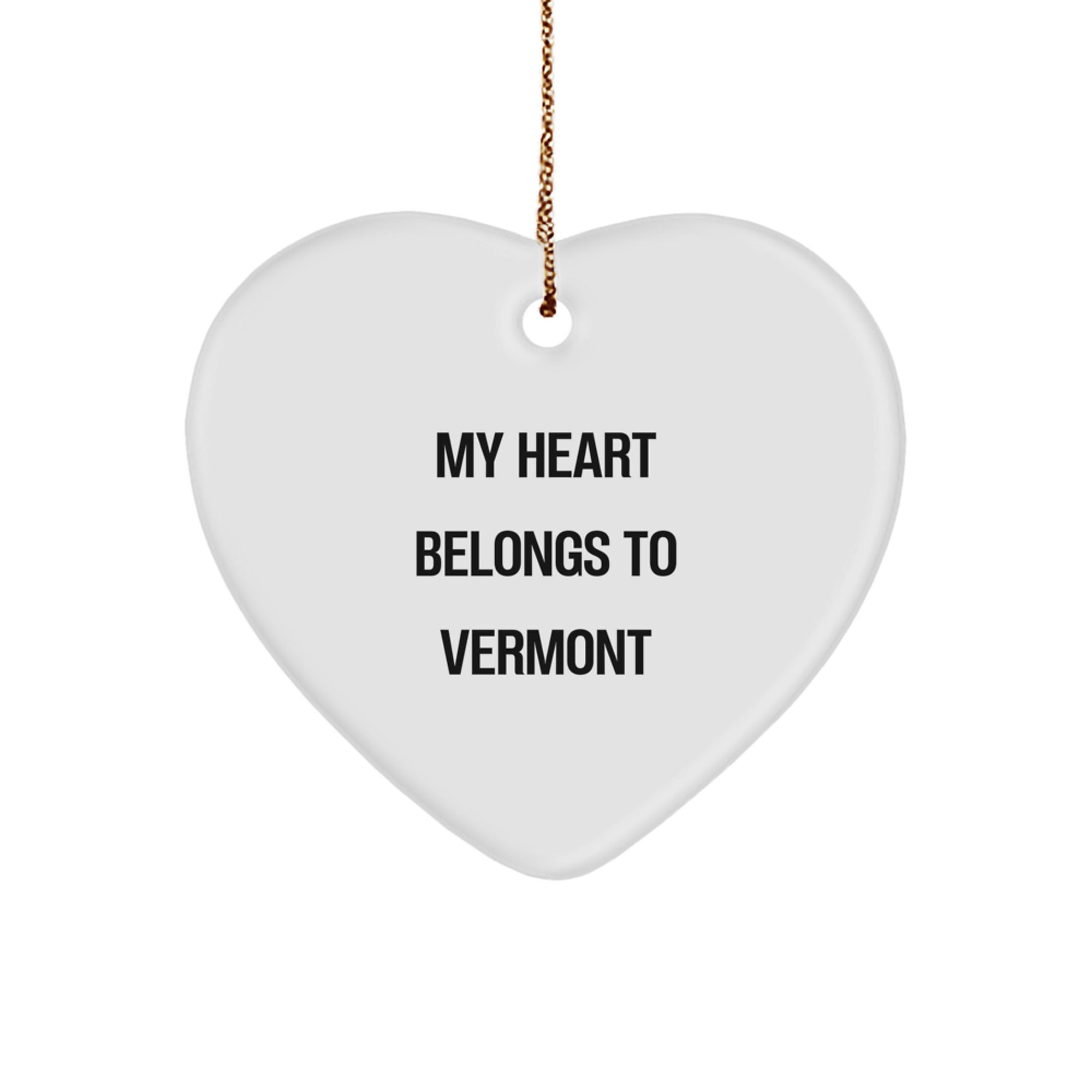 Vermont Heart Ornament, 'My Heart Belongs To Vermont', White, Heart Shaped, Durable MDF, High-Gloss Plastic Finish, Ideal Gifts from Friends to Family, Christmas Ornament Gifts - Image 1