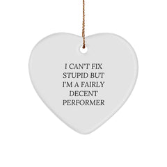 Funny Performer Gifts from Friends for Christmas Heart Ornament with 'I Can't Fix Stupid But I'm A Fairly Decent Performer' Quote - Image 1