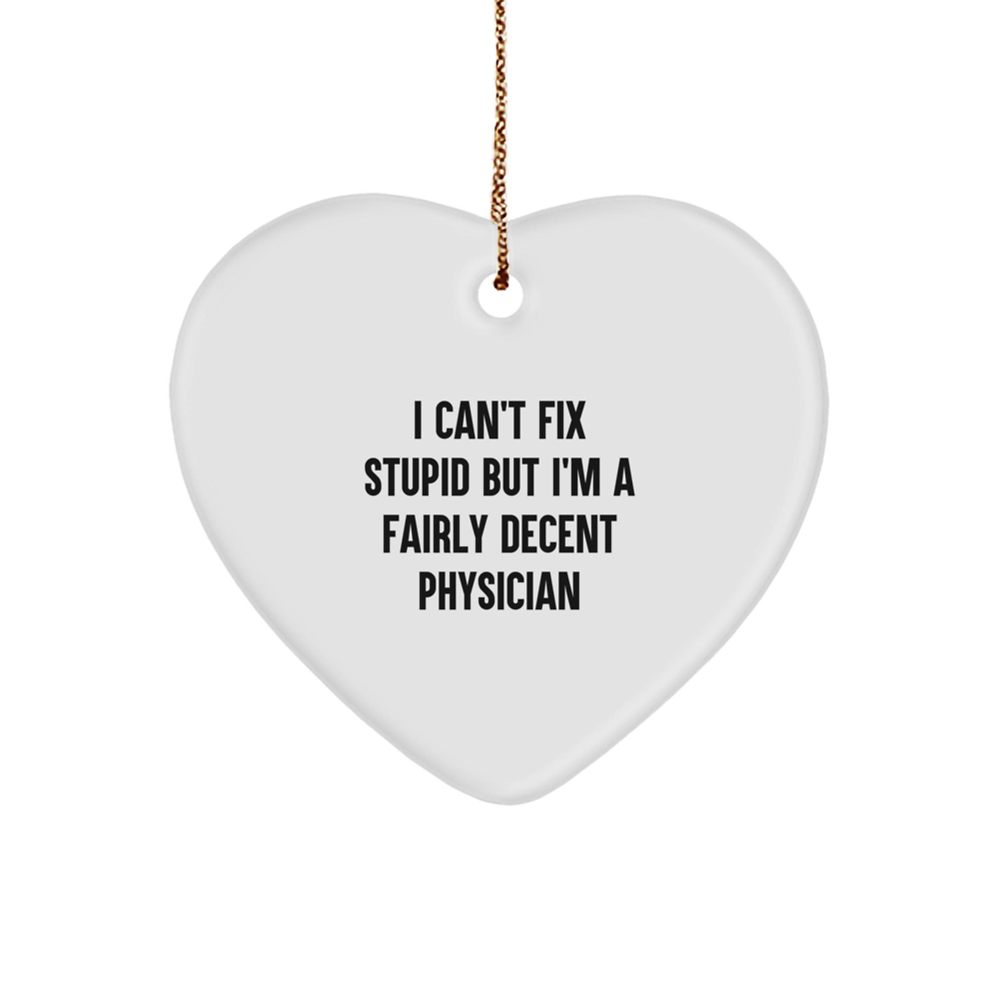 Funny Physician Christmas Unique Gifts for Friends, Cute Heart Ornament from Men, Women, Coworkers, Family with Quote 'I Can't Fix Stupid But I'm A Fairly Decent Physician' - Image 1
