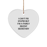 Funny Secretary Gifts from Family - I Can't Fix Stupid But I'm A Fairly Decent Secretary Heart Ornament for Christmas - Image 1