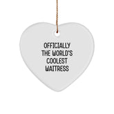 Funny Waitress Gifts, Officially The World's Coolest Waitress Heart Ornament, Christmas Unique Gifts from Friends to Waitress, Heart Shaped, White, 2.75 - Image 1
