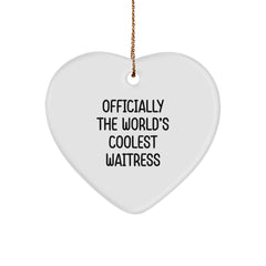 Funny Waitress Gifts, Officially The World's Coolest Waitress Heart Ornament, Christmas Unique Gifts from Friends to Waitress, Heart Shaped, White, 2.75 - Image 1
