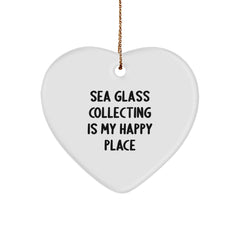 Sea Glass Collecting Gifts from Friends for Christmas, 'Sea Glass Collecting Is My Happy Place' Heart Ornament, White Heart Shaped Decor - Image 1