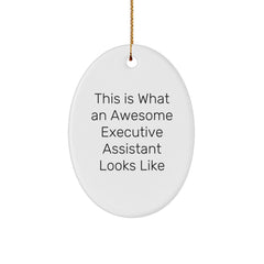 Funny Executive Assistant Gifts for Friends, Coworkers, or Family - 'This Is What An Awesome Executive Assistant Looks Like' Oval Ornament, White, Christmas - Image 1