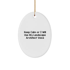 Unique Gifts from Friends and Family for Landscape Architects, Oval Ornaments with Funny Quote, Keep Calm Or I Will Use My Landscape Architect Voice Christmas Decorations - Image 1