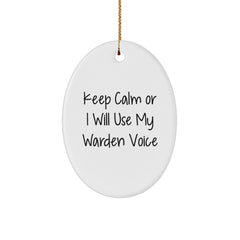 Funny Warden Oval Ornament Gifts from Friends for Christmas, Oval Ornament Decorations, Keep 'I Will Use My Warden Voice' Quote, Durable MDF Materials, Easy Hanging - Image 1