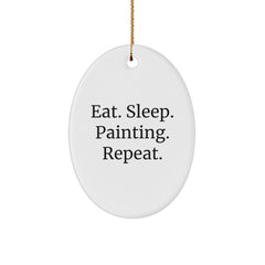 Funny Painting Gifts for Friends, Family, or Coworkers - Eat. Sleep. Painting. Repeat. Oval Ornament for Christmas - Image 1