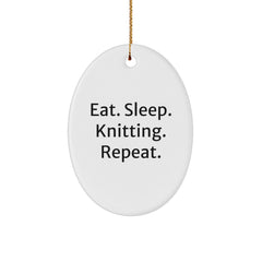 Knitting Enthusiasts' Delight, Gifts from Friends and Family, Oval Ornament Eat. Sleep. Knitting. Repeat., Christmas Unique Gifts - Image 1