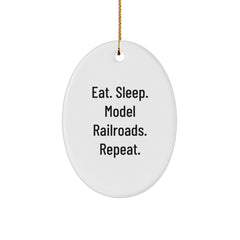 Funny Model Railroads Gifts from Friends for Christmas - 'Eat. Sleep. Model Railroads. Repeat.' Oval Ornament - Image 1