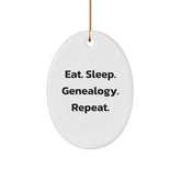 Genealogy Enthusiasts' Christmas Unique Gift, Oval Ornament with 'Eat. Sleep. Genealogy. Repeat.' Quote, Gifts from Family - Image 1