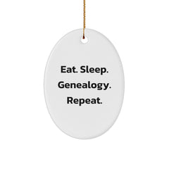 Genealogy Enthusiasts' Christmas Unique Gift, Oval Ornament with 'Eat. Sleep. Genealogy. Repeat.' Quote, Gifts from Family - Image 1
