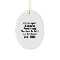 Funny Developer Gifts Oval Ornament, 'Developer. Because Freaking' genius Is Not An Official Job Title.' Christmas Unique Gift for Men, Women, Friends, Coworkers, Family - Image 1