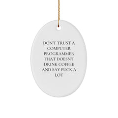 Funny Computer Programmer Gifts from Friends for Men, Oval Ornament with Don't Trust A Computer Programmer That Doesn't Drink Coffee And Say 'F--k' A Lot Quote, Christmas Unique Decorations - Image 1