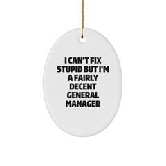 Funny General Manager Gifts Oval Ornament - I Can't Fix Stupid But I'm A Fairly Decent General Manager, Gifts from Friends, Christmas Unique Gifts for General Manager - Image 1