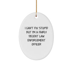 Humorous Law Enforcement Officer Oval Ornament Gifts for Men and Women - 'I Can't Fix Stupid But I'm A Fairly Decent Law Enforcement Officer' Christmas Unique Presents from Family Friends Coworkers - Image 1