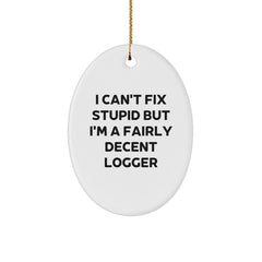 Logger Gifts from Friends - I Can't Fix Stupid But I'm A Fairly Decent Logger Oval Ornament for Christmas - Image 1