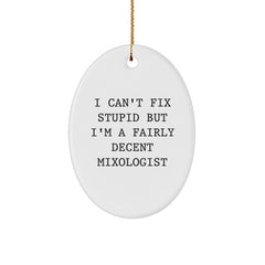 Funny Mixologist Oval Ornaments for Men Gifts from Friends, Funny Christmas Unique Gifts for Mixologist, I Can't Fix Stupid But I'm A Fairly Decent Mixologist - Image 1