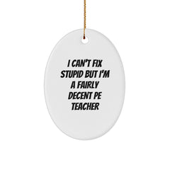 Funny PE Teacher Quotes Oval Ornament, Gifts for Men or Women PE Teachers - 'I Can't Fix Stupid But I'm A Fairly Decent PE Teacher', Christmas Unique Gifts from Friends, Family - Image 1