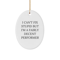 Funny Performer Gifts for Men - Oval Ornament with 'I Can't Fix Stupid But I'm A Fairly Decent Performer' Quote, Great Christmas Unique Gift from Friends to Coworkers - Image 1