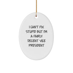 Vice President Oval Ornament Funny Gift from Friends for Christmas, I Can't Fix Stupid But I'm A Fairly Decent Vice President Oval Shaped Ornament - Image 1