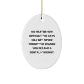 Funny Inspirational Dental Hygienist Gifts from Men to Coworkers, Oval Ornament Christmas Unique Keepsake, 'No Matter How Difficult The Days May Get.' - Image 1