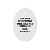 Woodworker Inspirational Gifts from Friends for Christmas Oval Ornament - 'No Matter How Difficult The Days May Get. Never Forget The Reason You Became A Woodworker.' - Image 1