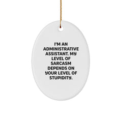 Funny Administrative Assistant Oval Ornament Gifts from Coworkers for Christmas - 'I'm An Administrative Assistant. My Level Of Sarcasm Depends On Your Level Of Stupidity.' - Image 1
