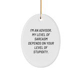Funny Advisor Gifts for Christmas - 'I'm An Advisor. My Level Of Sarcasm Depends On Your Level Of Stupidity.' Oval Ornament for Friends, Coworkers, and Family - Image 1