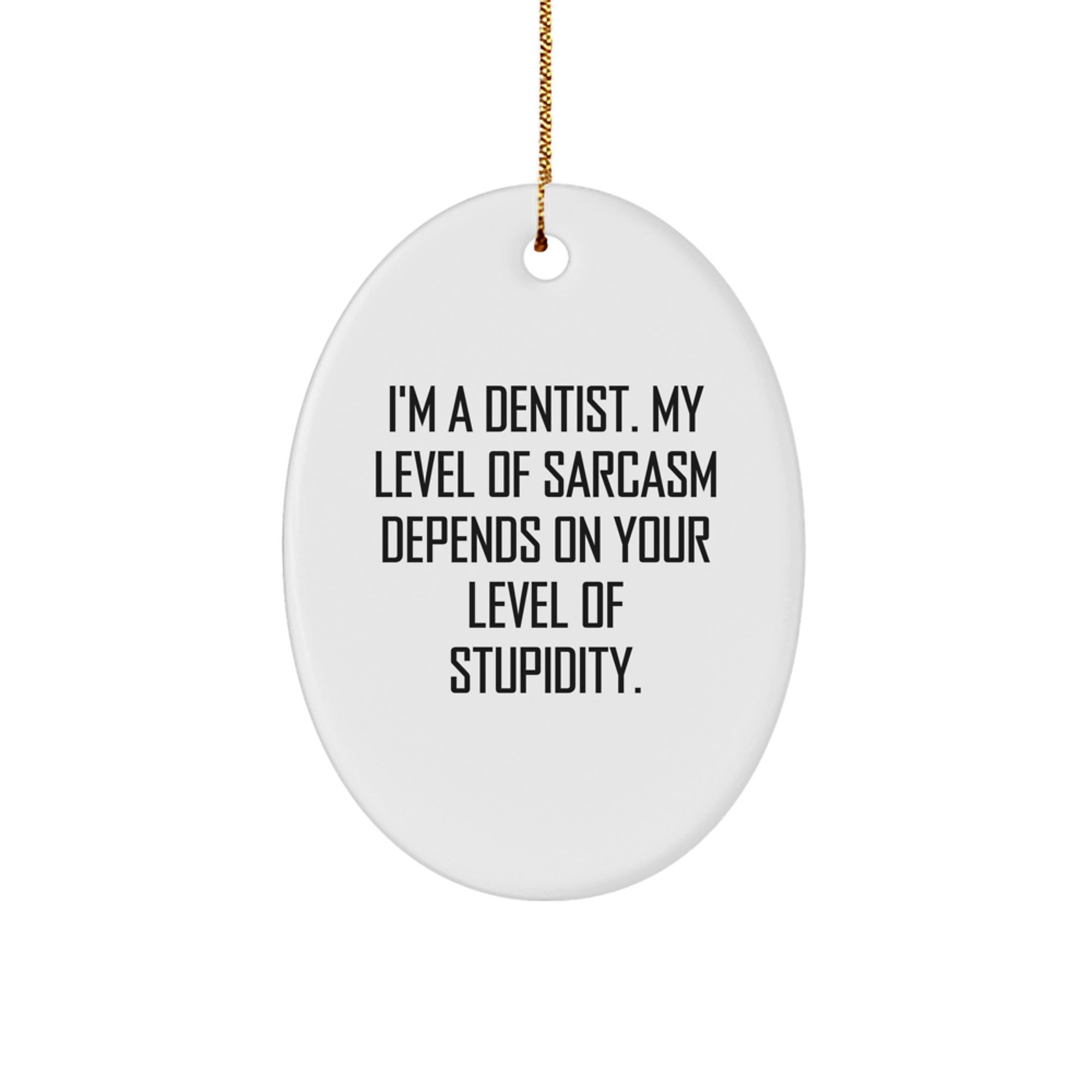 Funny Dentist Gifts for Christmas: Oval Ornament with 'I'm A Dentist. My Level Of Sarcasm Depends On Your Level Of Stupidity.' Quote - Gifts from Friends, Coworkers, or Family - Image 1