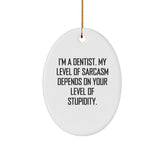 Funny Dentist Gifts for Christmas: Oval Ornament with 'I'm A Dentist. My Level Of Sarcasm Depends On Your Level Of Stupidity.' Quote - Gifts from Friends, Coworkers, or Family - Image 1