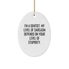 Funny Dentist Gifts for Christmas: Oval Ornament with 'I'm A Dentist. My Level Of Sarcasm Depends On Your Level Of Stupidity.' Quote - Gifts from Friends, Coworkers, or Family - Image 1