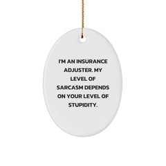 Insurance Adjuster Gifts for Men, Funny Oval Ornament, 'I'm An Insurance Adjuster. My Level Of Sarcasm Depends On Your Level Of Stupidity.' Christmas Unique Gifts from Friends, Family, or Coworkers - Image 1