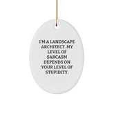 Funny Landscape Architect Gifts from Friends, Christmas Unique Oval Ornaments for Landscape Architect, 'I'm A Landscape Architect. My Level Of Sarcasm Depends On Your Level Of Stupidity.' - Image 1