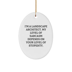 Funny Landscape Architect Gifts from Friends, Christmas Unique Oval Ornaments for Landscape Architect, 'I'm A Landscape Architect. My Level Of Sarcasm Depends On Your Level Of Stupidity.' - Image 1