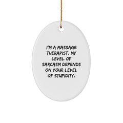 Funny Massage Therapist Gifts for Men, Women, and Coworkers - Oval Ornament with 'I'm A Massage Therapist, My Level Of Sarcasm Depends On Your Level Of Stupidity' Quote - Christmas Unique Gifts - Image 1